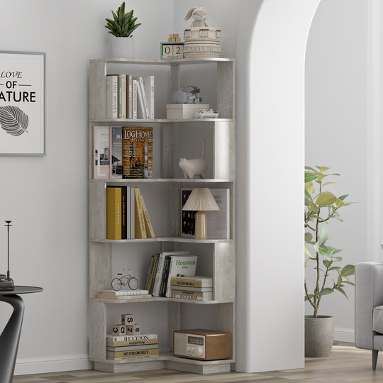 6 Tier Freestanding L-Shaped Corner Bookshelf For Living Room, Bedroom, Wooden Bookcase with anti-drop panle & anti tipp