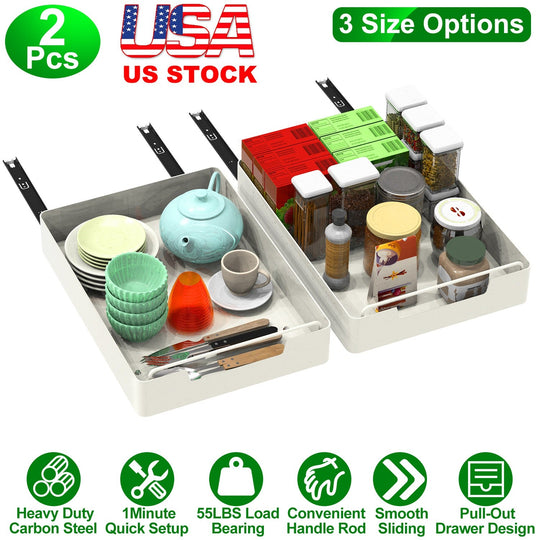 2Pcs Pull Out Cabinet Organizers Sliding Shelf Spice Rack Carbon Steel Roll Out Drawers Fixed with Adhesive Nano Film with Handle 55LBS Max Load