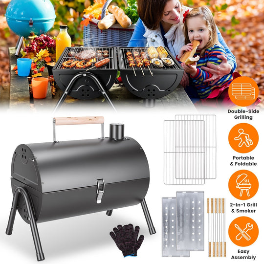 Portable Charcoal Grill with Double-Sided Cooking & 10 Skewers