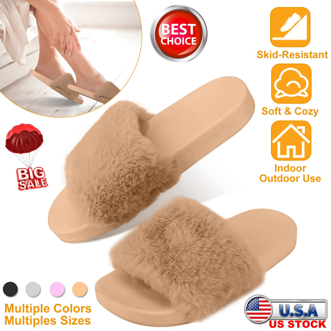 Women Faux Fur Slippers Open Toe Indoor Outdoor Flat Slide Sandals Anti-skid Lady House Shoes