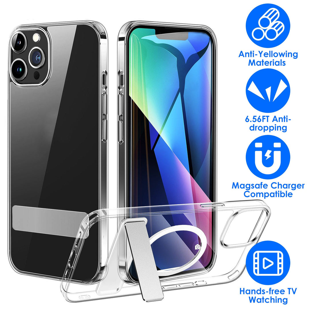 Magnetic Metal Kickstand Clear Case Shockproof Anti Yellowing Phone Cover Compatible with Magsafe Fit for IOS Phone 13