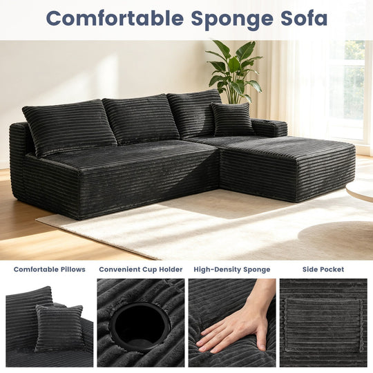 96" L-Shaped Sectional Sofa with Chaise in Plush Corduroy