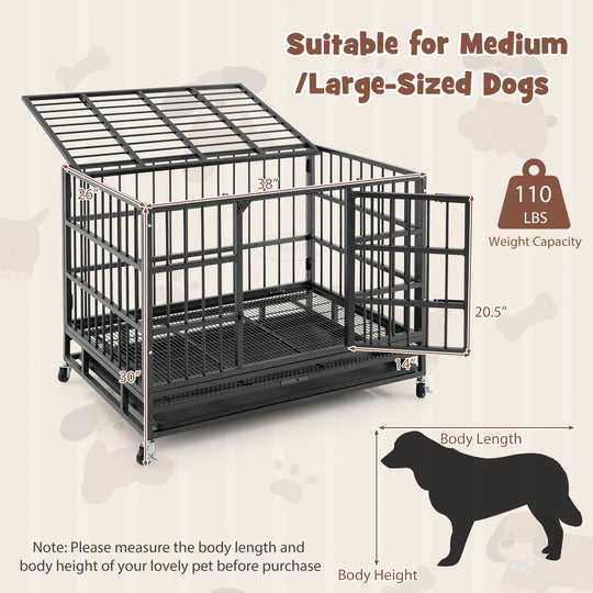 38 Inch Foldable Heavy-Duty Metal Dog Cage with Lockable Rolling Casters and Tray-38 inches