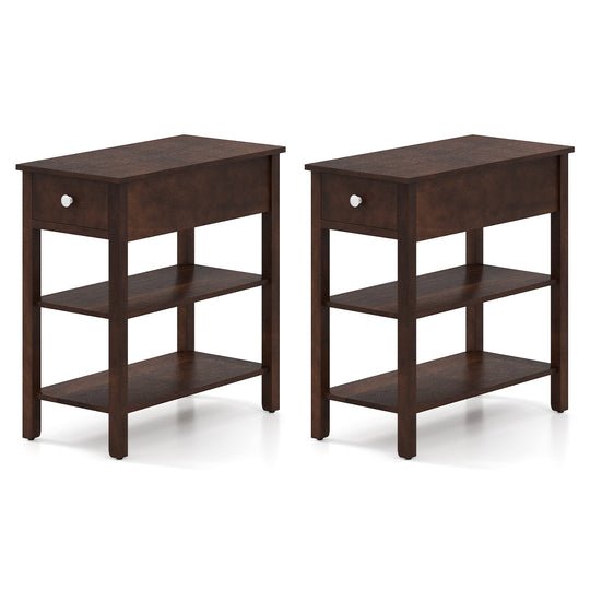 3-Tier Narrow End Table with Drawer and Storage Shelves Set of 2
