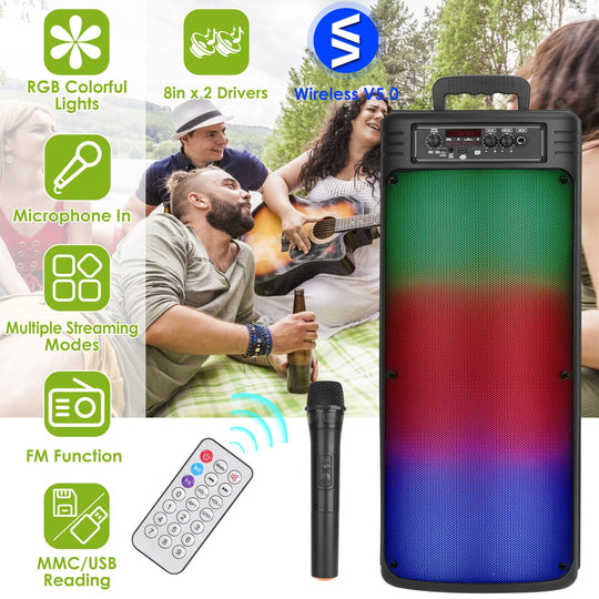 Portable Wireless Party Speaker Dual 8in Colorful Lights DJ PA System with TWS Function FM Radio USB MMC Card Reading Aux In Recording Function Wirele