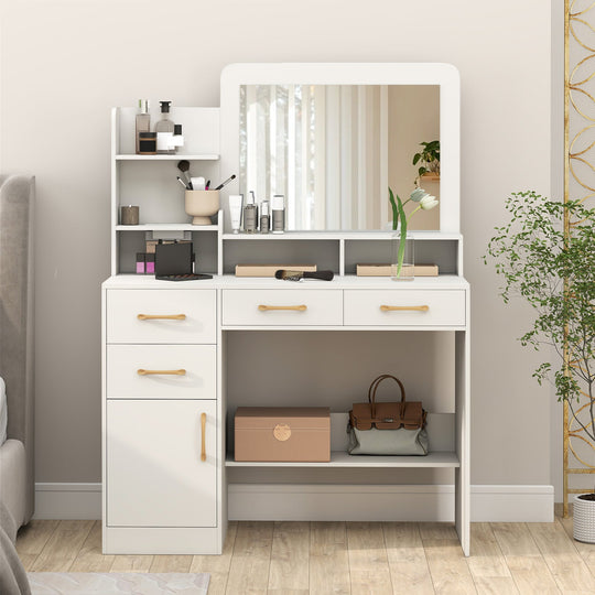 39.5 Inch Vanity Desk with Power Outlets and Mirror for Bedroom-White