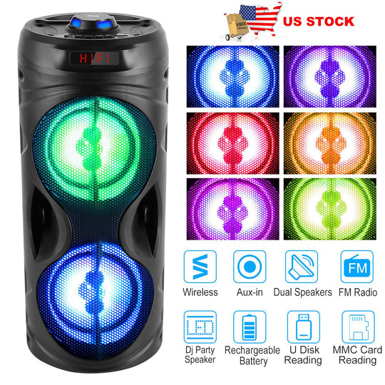 Portable Wireless Party Speaker Karaoke Machine Wireless Speaker with LED DJ Light FM Radio Supports MMC Card/USB Microphone Aux-In for Party Home TV