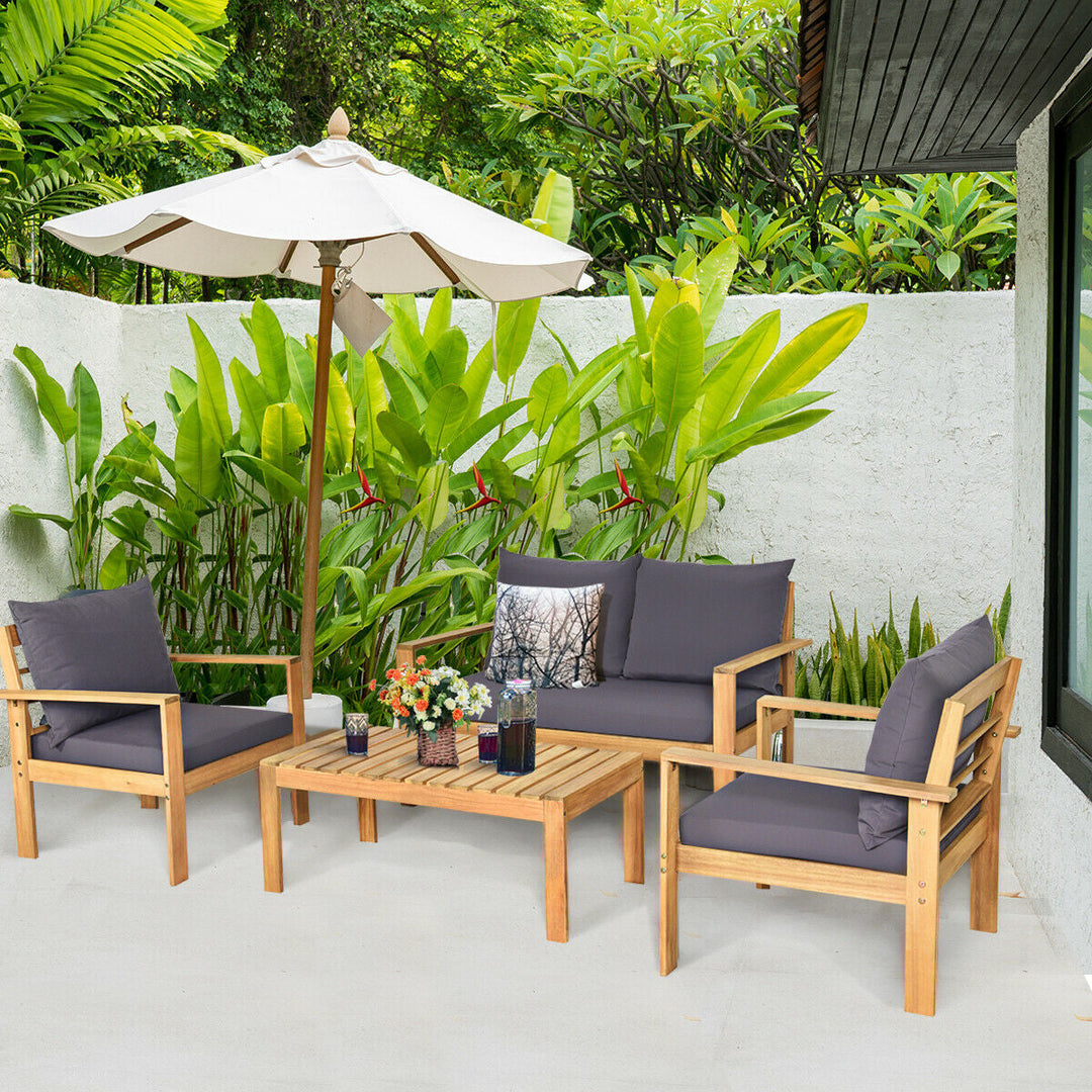 Outdoor 4 Pieces Acacia Wood Chat Set with Water Resistant Cushions