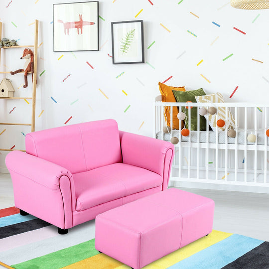 Soft Kids Double Sofa with Ottoman-Pink