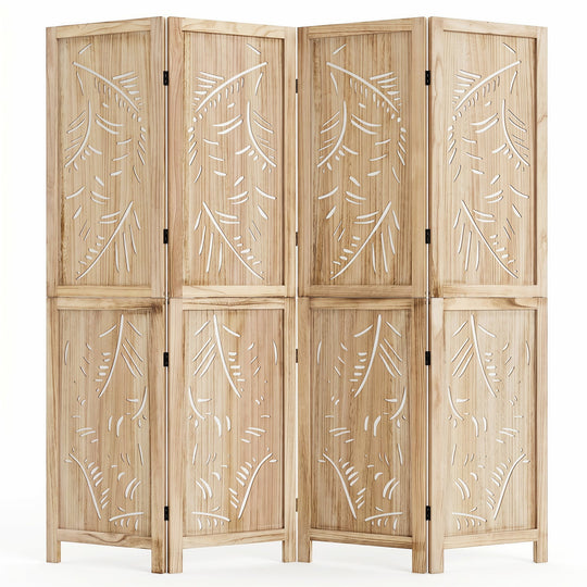 4-Panel Wooden Room Divider with Palm Leaf Design, 67" Tall