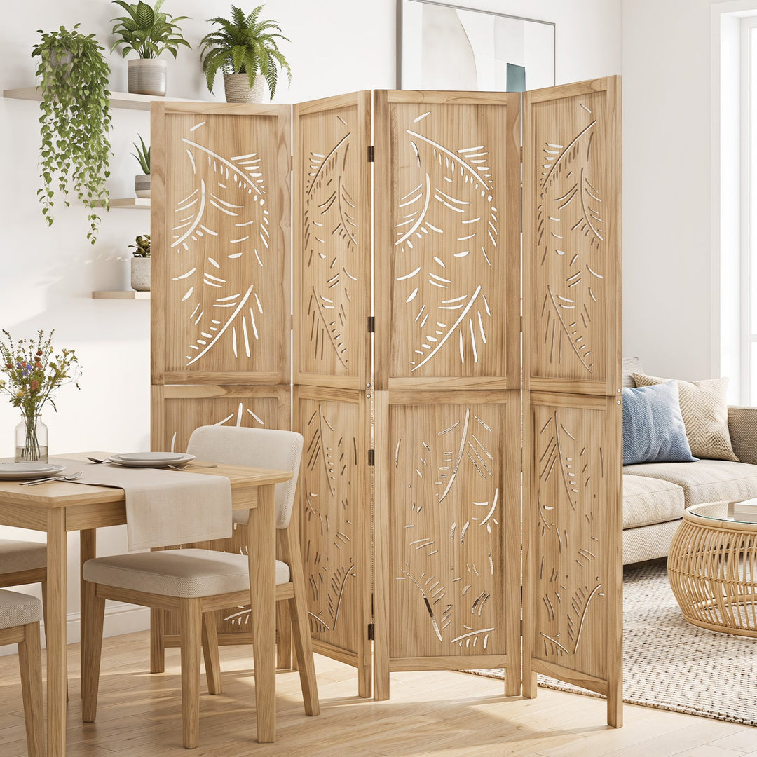 4-Panel Wooden Room Divider with Palm Leaf Design, 67" Tall