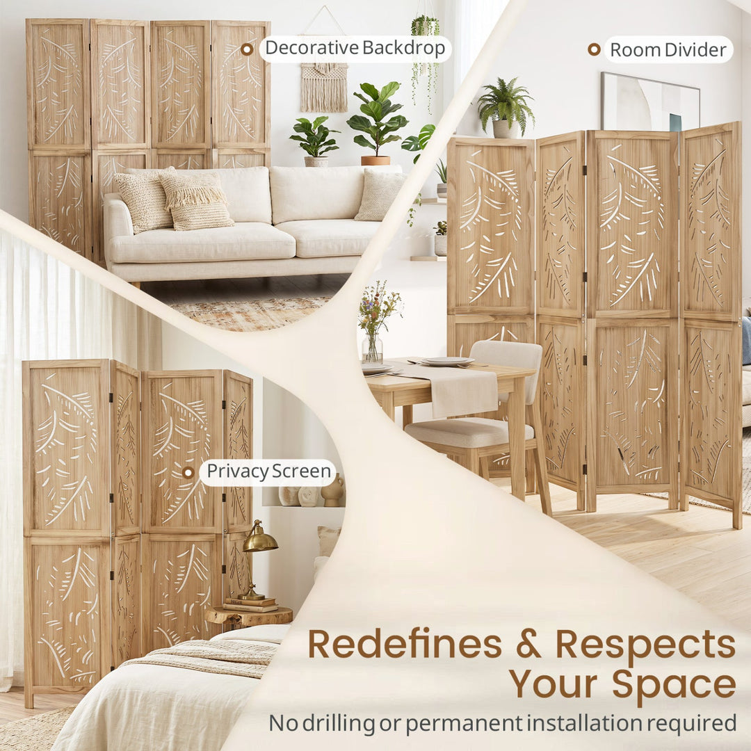 4-Panel Wooden Room Divider with Palm Leaf Design, 67" Tall