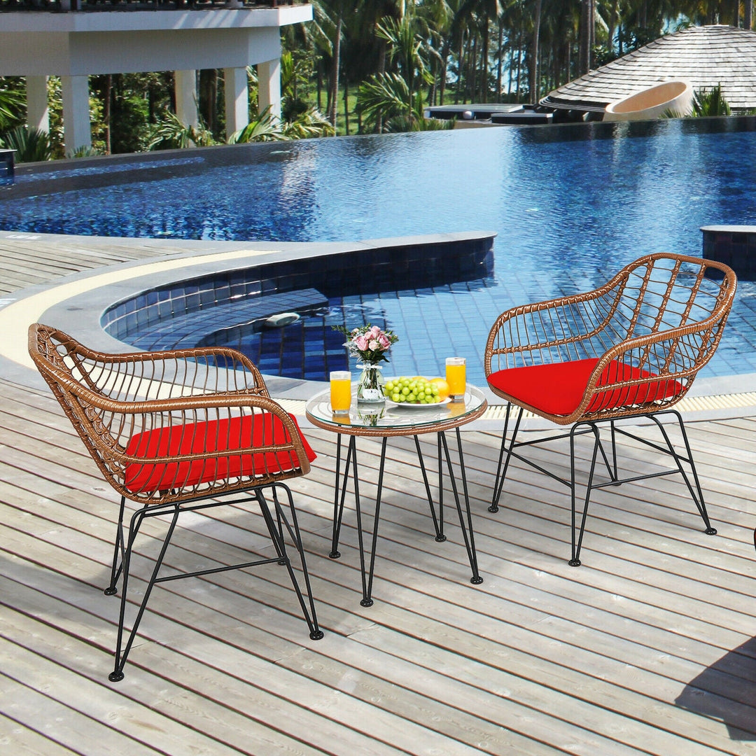 3-Piece Rattan Bistro Set with Cushions and Glass Table