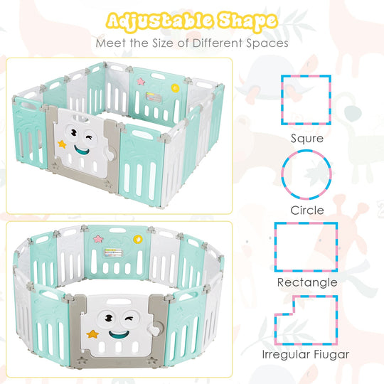 14-Panel Foldable Baby Playpen Kids Activity Centre-Green