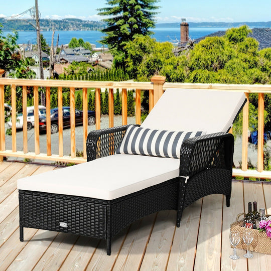 Patio Wicker Chaise Lounge Chair with Pillow and Adjustable Backrest with Cushion-Black