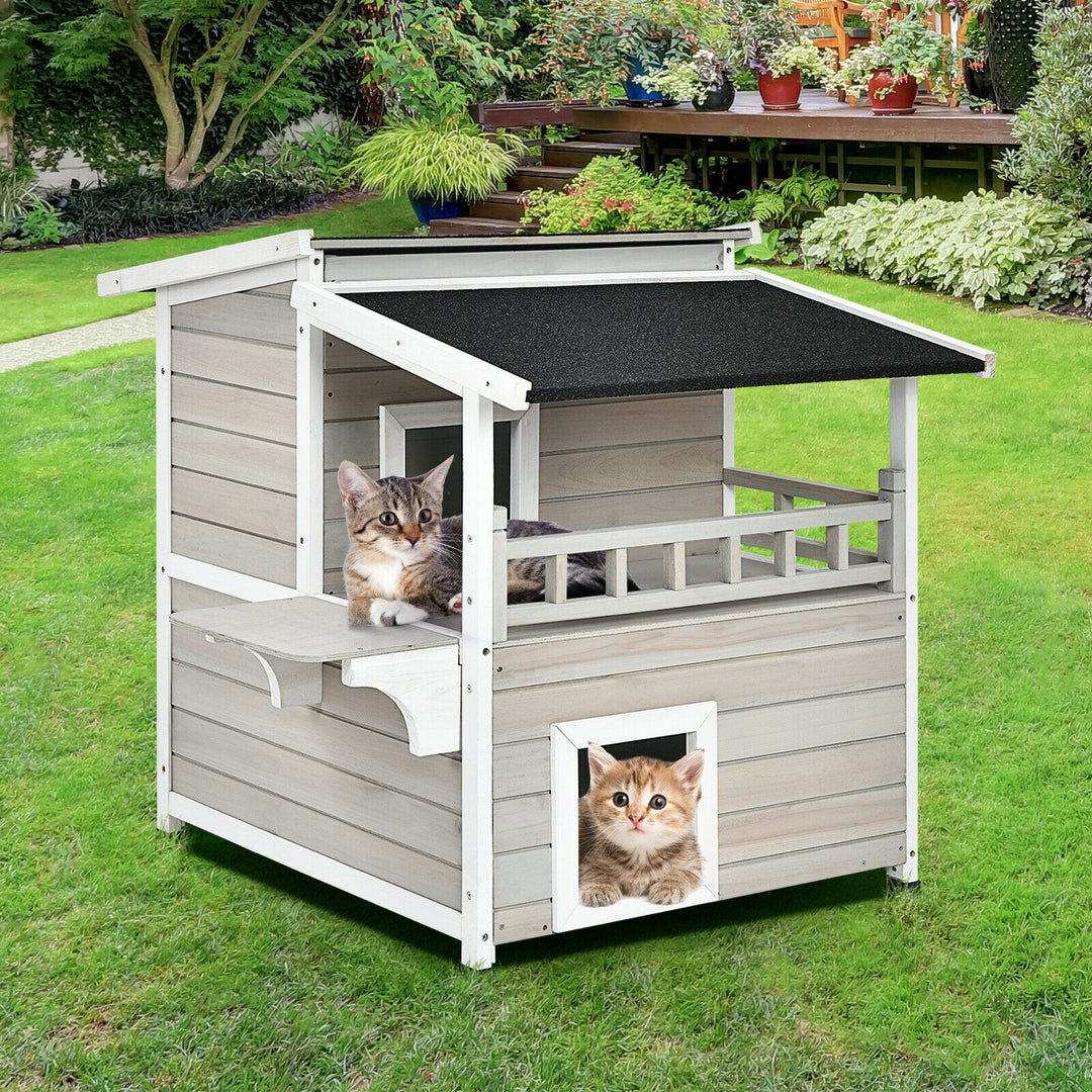 2-Story Wooden Patio Luxurious Cat Shelter House Condo with Large Balcony