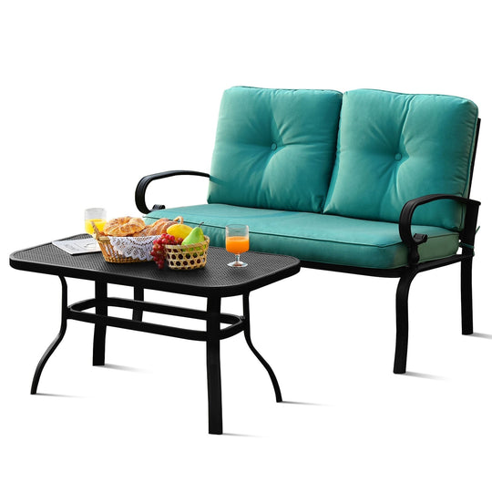 2 Pieces Patio Loveseat Bench Table Furniture Set with Cushioned Chair-Blue