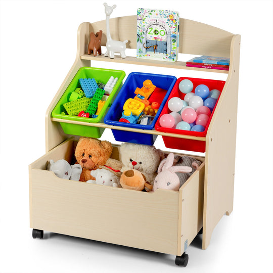 Kids Wooden Toy Storage Unit Organizer with Rolling Toy Box and Plastic Bins-Natural