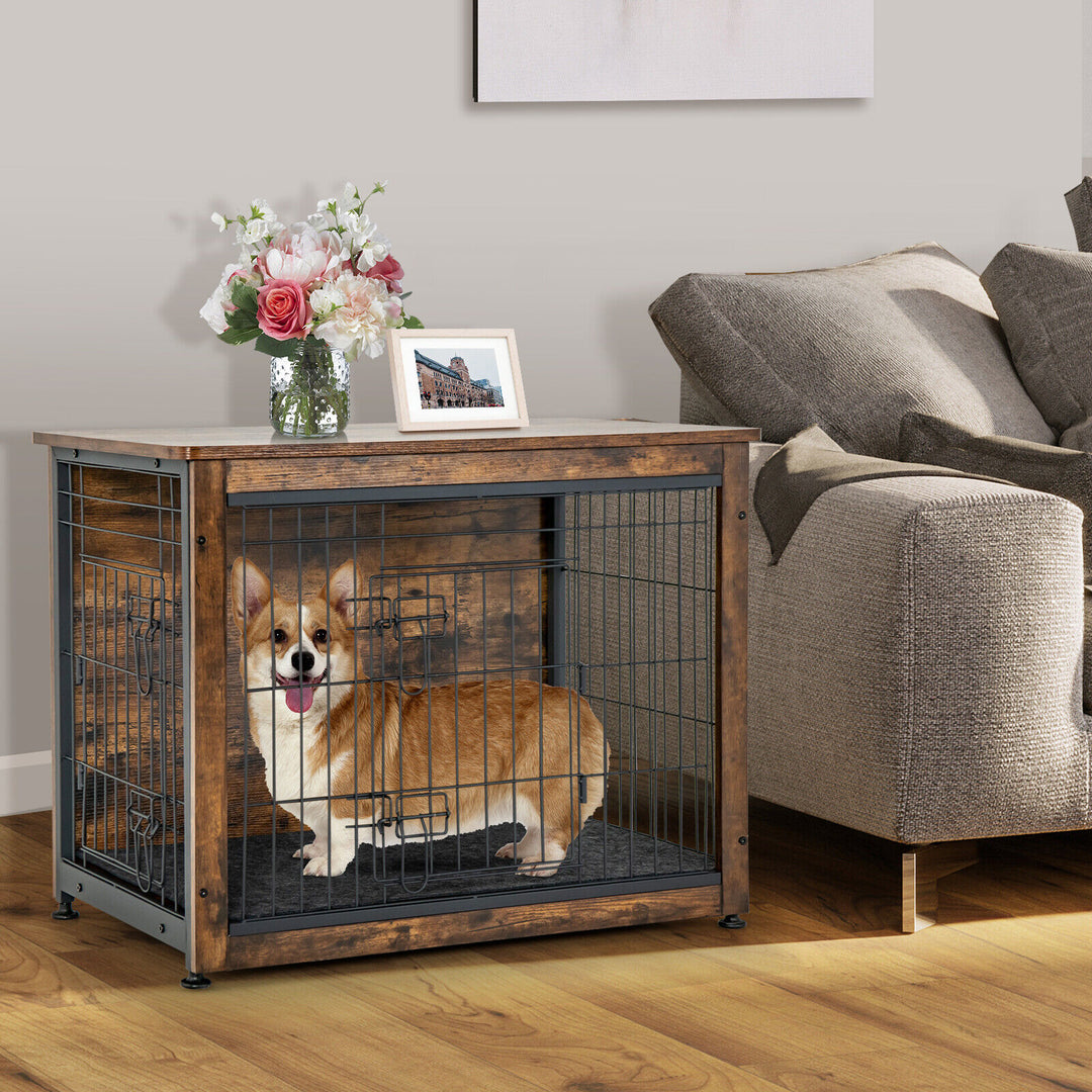 Wooden Dog Crate Furniture with Double Door and Tray-Brown