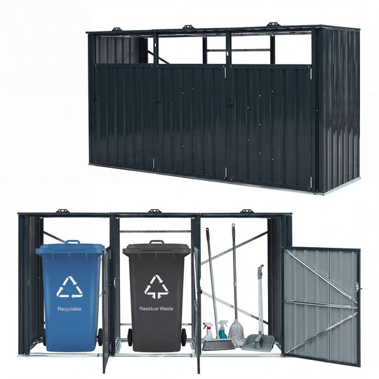 3-Bin Metal Trash Can Storage Shed with Flip-Up Lids for Yard