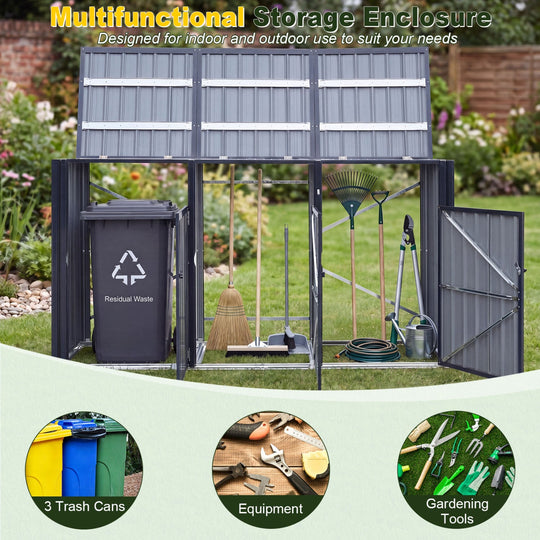 3-Bin Metal Trash Can Storage Shed with Flip-Up Lids for Yard