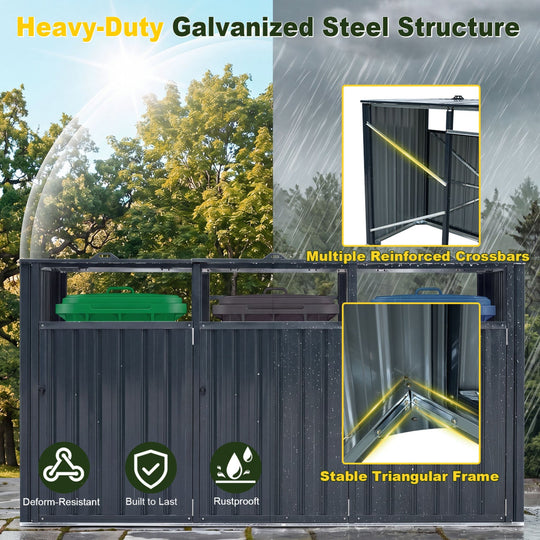 3-Bin Metal Trash Can Storage Shed with Flip-Up Lids for Yard