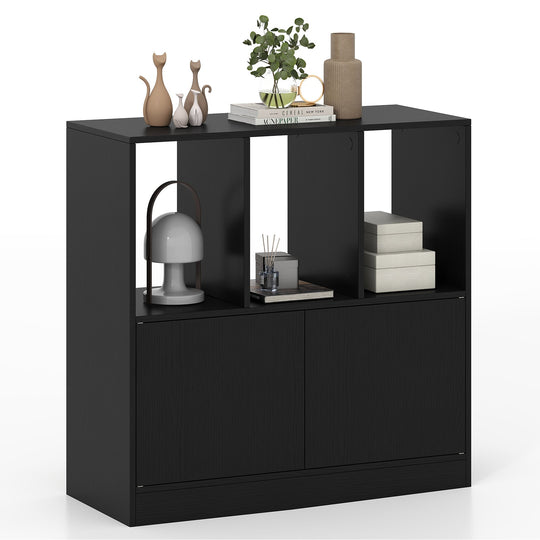 3-Cube Bookcase with Doors 3-Tier Cubic Bookshelf with Open Compartments and Cabinet