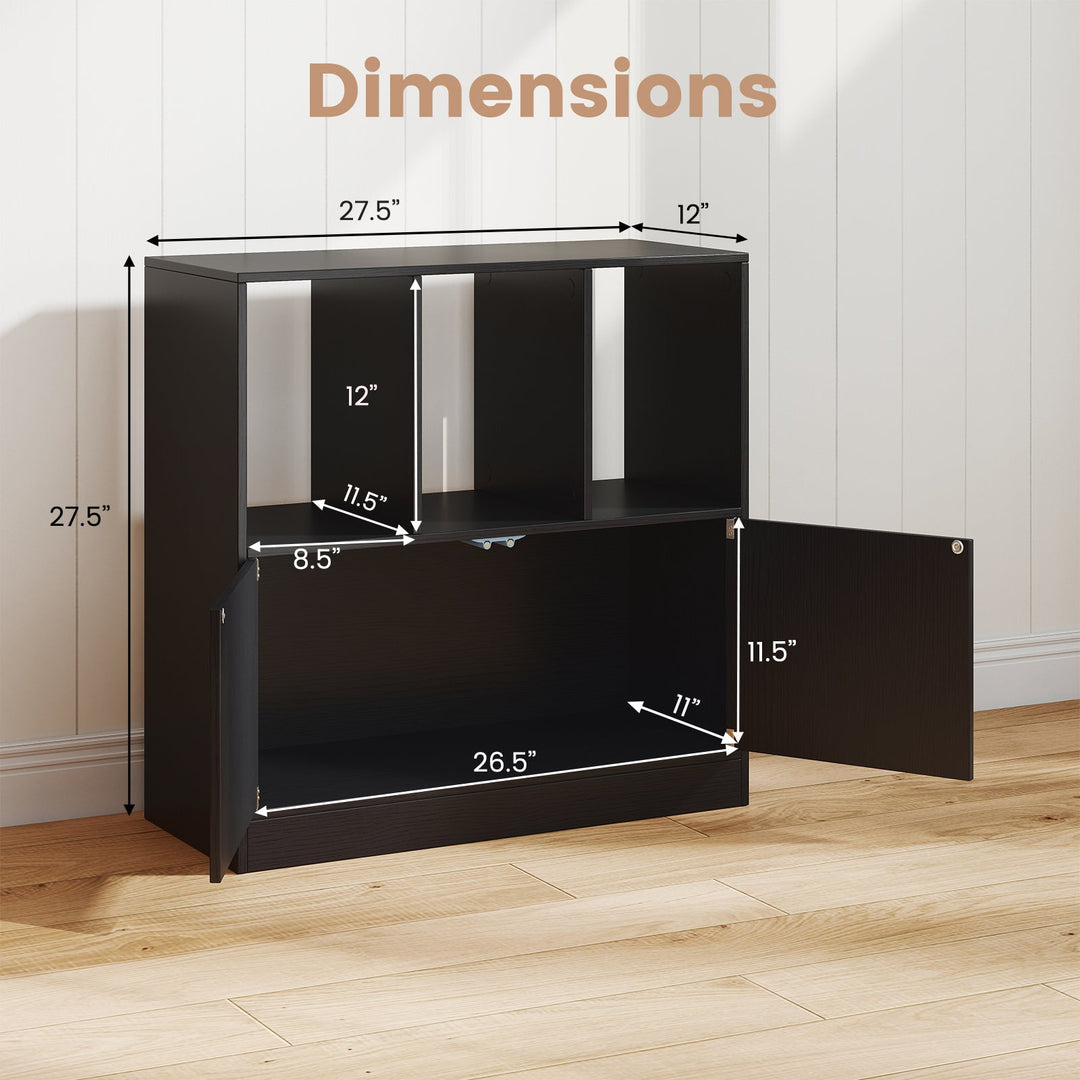 3-Cube Bookcase with Doors 3-Tier Cubic Bookshelf with Open Compartments and Cabinet