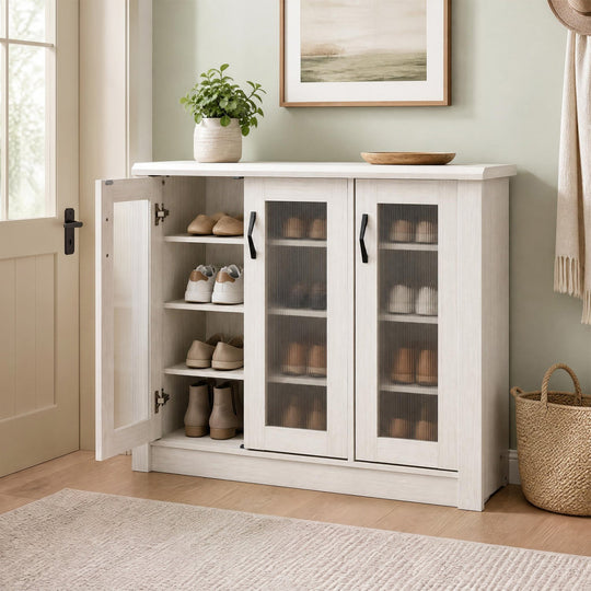 3-Door Shoe Cabinet with Removable Shelves - White
