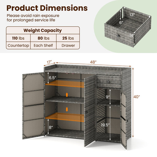 Outdoor PE Wicker Storage Cabinet with 3 Doors and Drawer