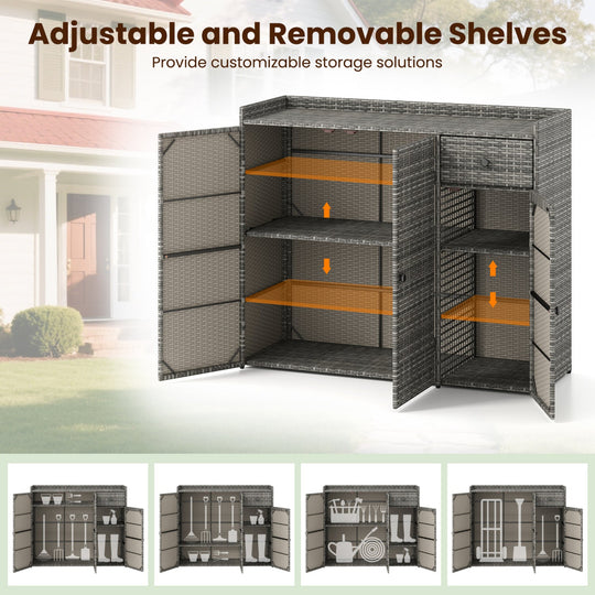 Outdoor PE Wicker Storage Cabinet with 3 Doors and Drawer