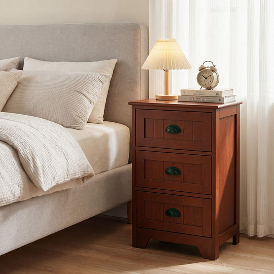 3-Drawer End Storage Wood Side Nightstand-Brown