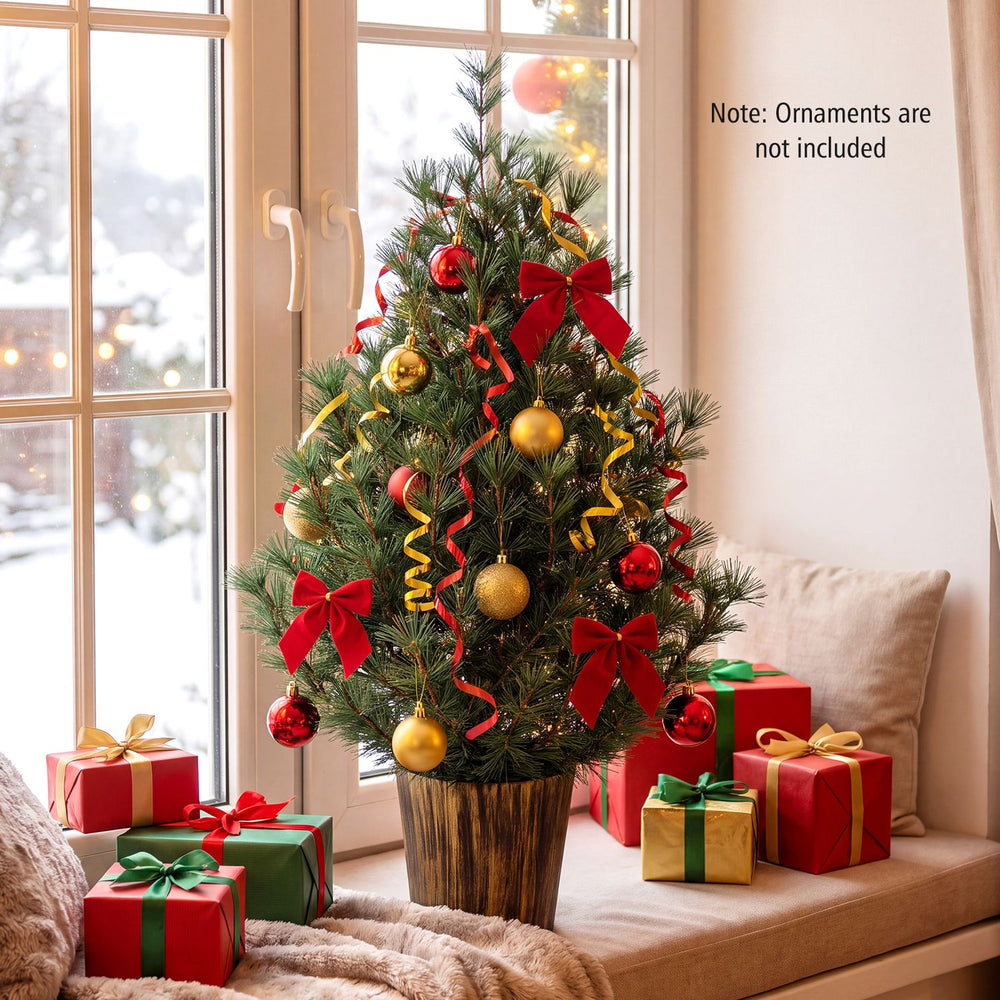 3 FT Artificial Potted Christmas Tree with Vintage Flowerpot for Front Porch