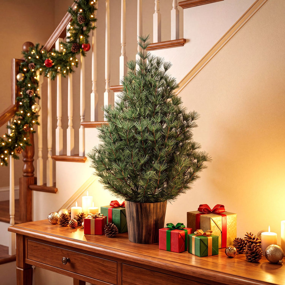 3 FT Artificial Potted Christmas Tree with Vintage Flowerpot for Front Porch