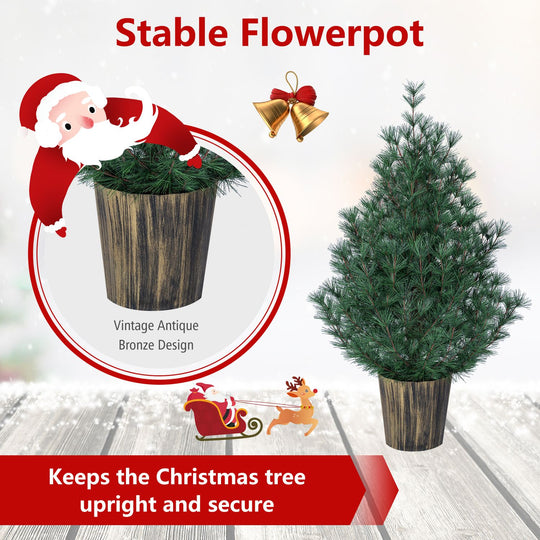 3 FT Artificial Potted Christmas Tree with Vintage Flowerpot for Front Porch