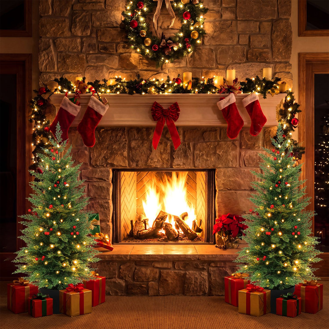3 FT Pre-Lit Potted Christmas Tree Set of 2 with PE Branch Tips