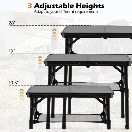 3-Height Folding Camping Table with Large Storage Net & Handle