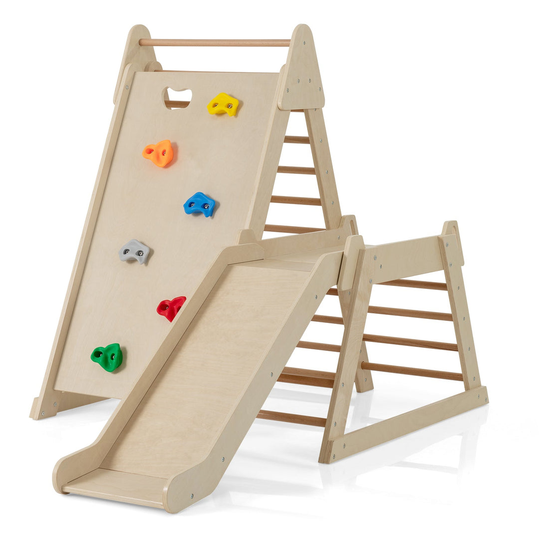 3-In 1 Jungle Gym Indoor Playground with Extended Slide for Toddlers-Natural