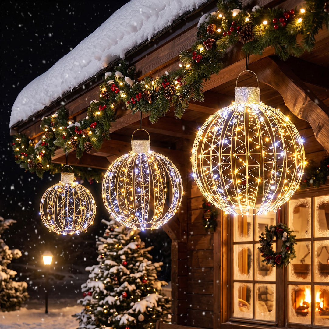 3 Pack Christmas LED Lighted Balls with 180 Cold White and 180 Warm White Lights