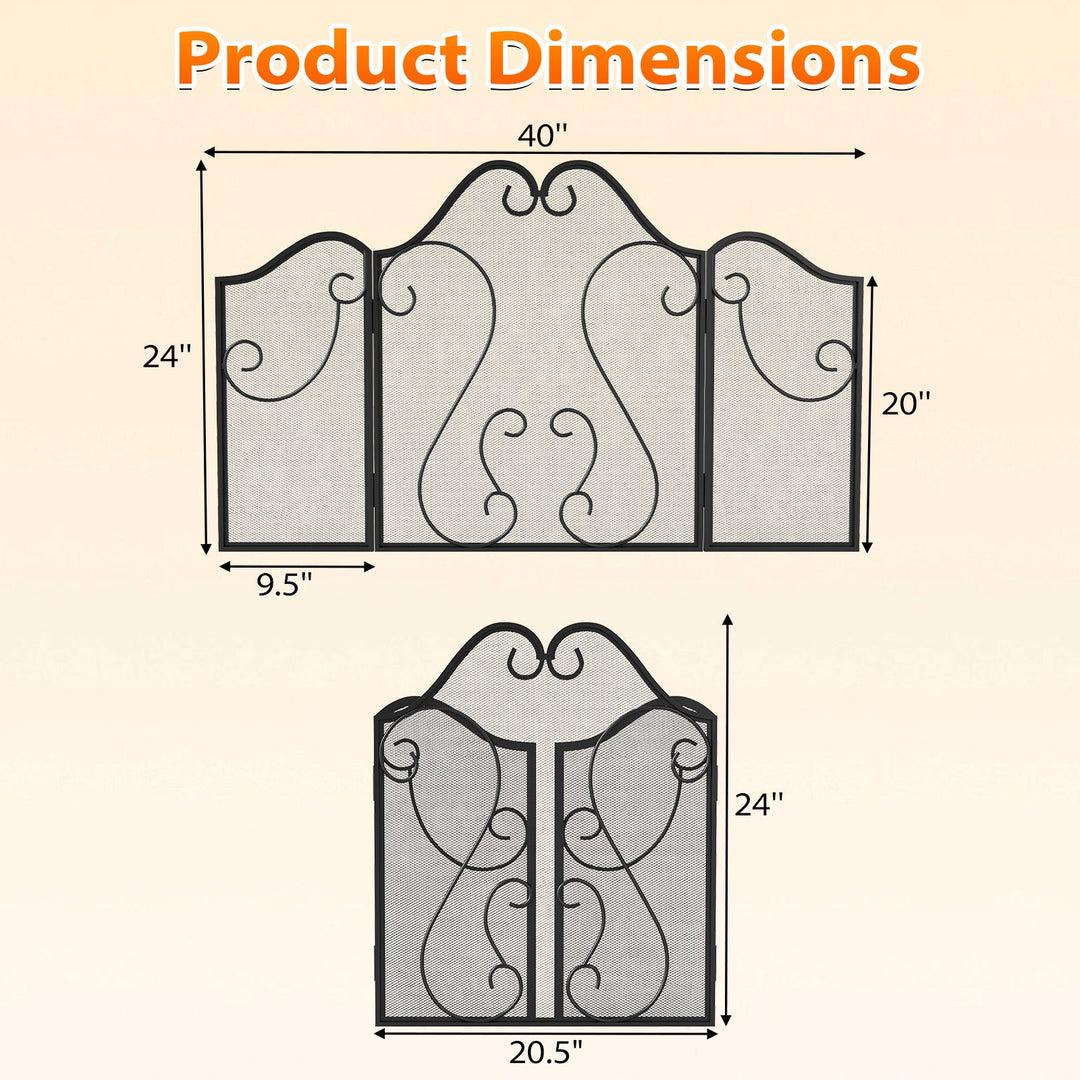 3 Panel Fireplace Screen Foldable Spark Guard Cover with Decorative Scroll