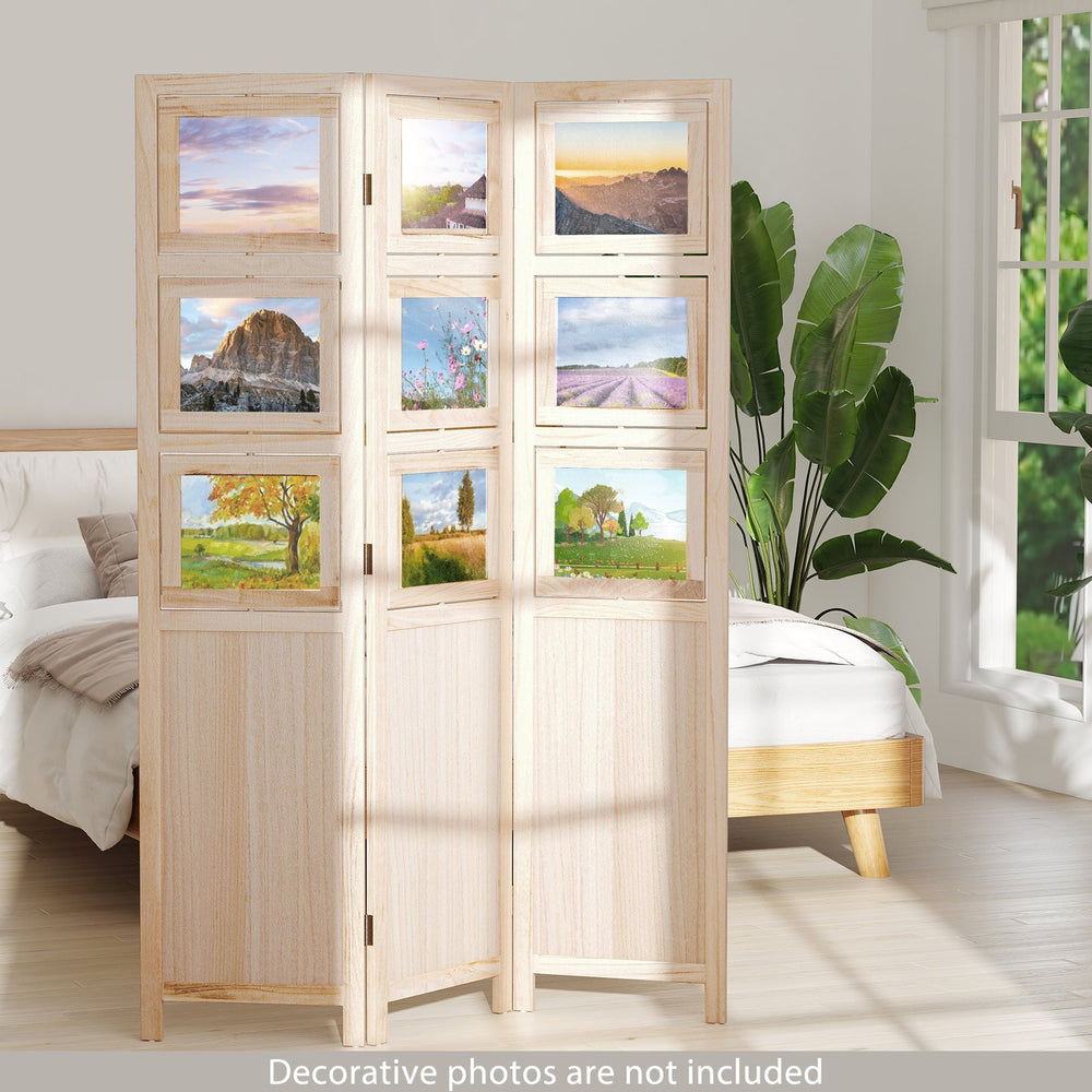 3 Panel Folding Privacy Screen with 9 Swivel Paulownia Wood Photo Frames-Natural