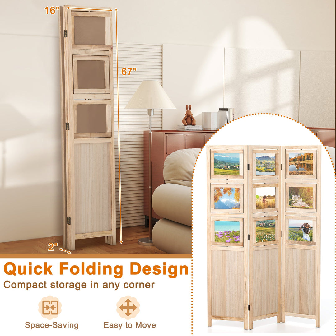 3 Panel Folding Privacy Screen with 9 Swivel Paulownia Wood Photo Frames-Natural