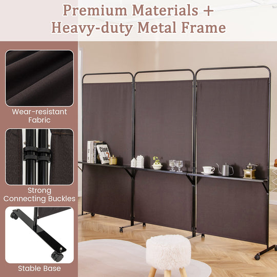 3-Panel Folding Room Divider with 3 Metal Shelves and Lockable Wheels