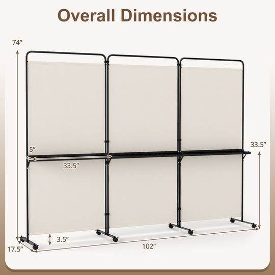 3-Panel Room Divider with Shelves 6 FT Tall Folding Privacy Screen with Lockable Wheels