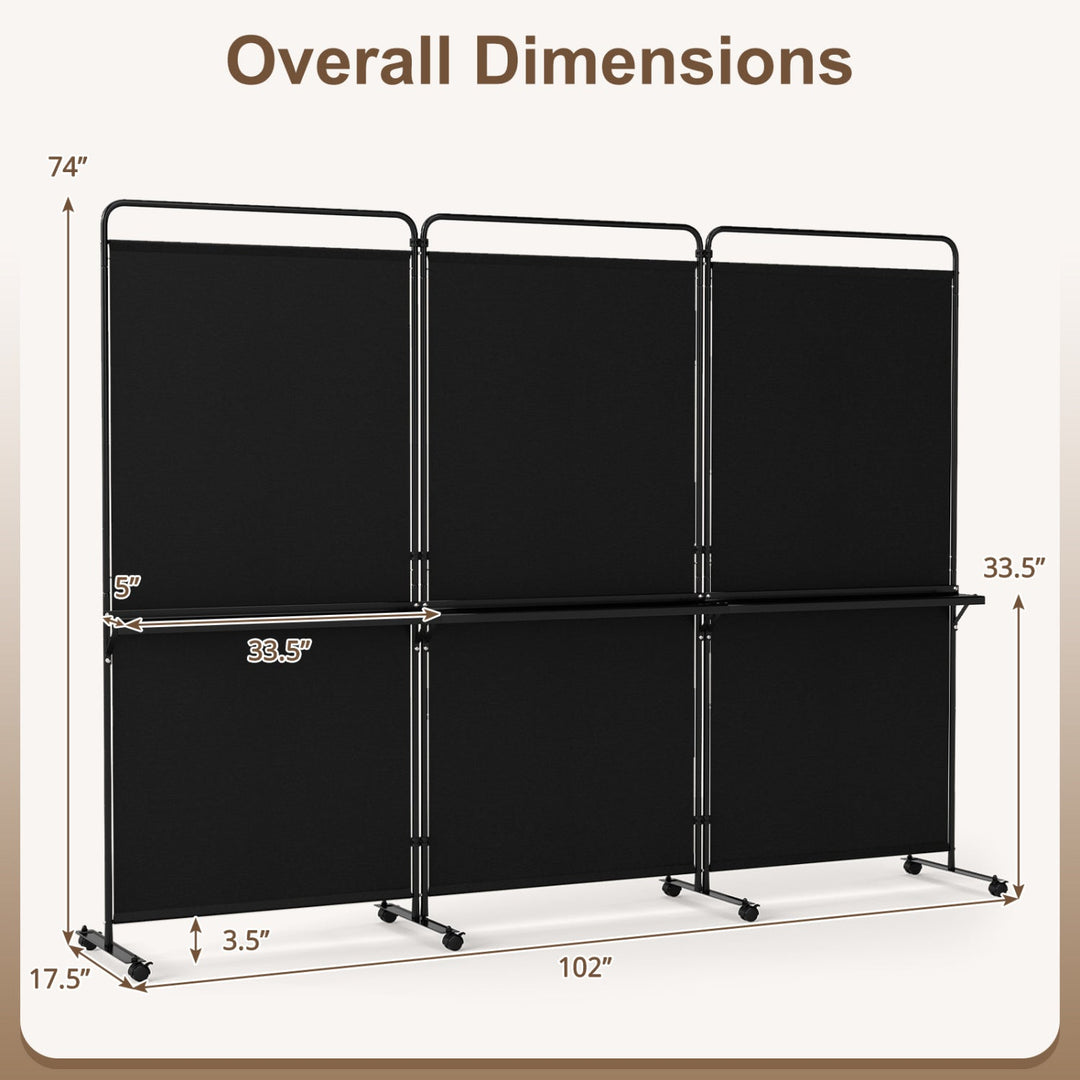 3-Panel Room Divider with Shelves 6 FT Tall Folding Privacy Screen with Lockable Wheels