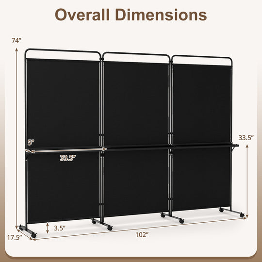 3-Panel Room Divider with Shelves 6 FT Tall Folding Privacy Screen with Lockable Wheels