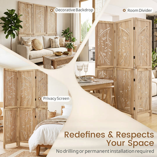 3-Panel Room Divider with Palm Leaf Design - 67" Tall