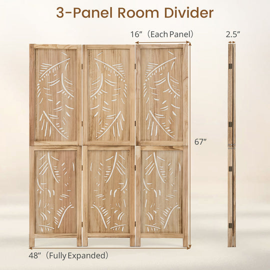 3-Panel Room Divider with Palm Leaf Design - 67" Tall