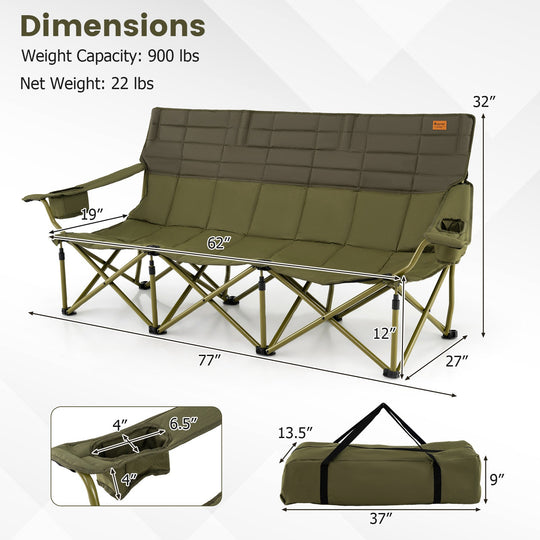 3 Person Folding Camping Chair with 2 Cup Holders Cotton Padding & Storage Bag
