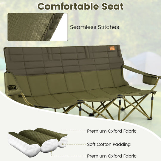 3 Person Folding Camping Chair with 2 Cup Holders Cotton Padding & Storage Bag